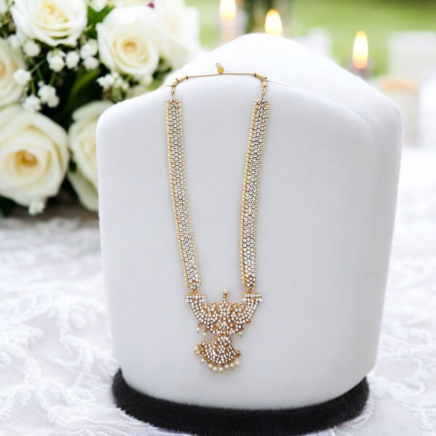 Bharatanatyam Kuchipudi Classical Dance Long Haram Haar White Stone Kemp Set